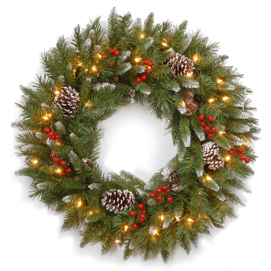 24" Frosted Berry Wreath with Clear Lights